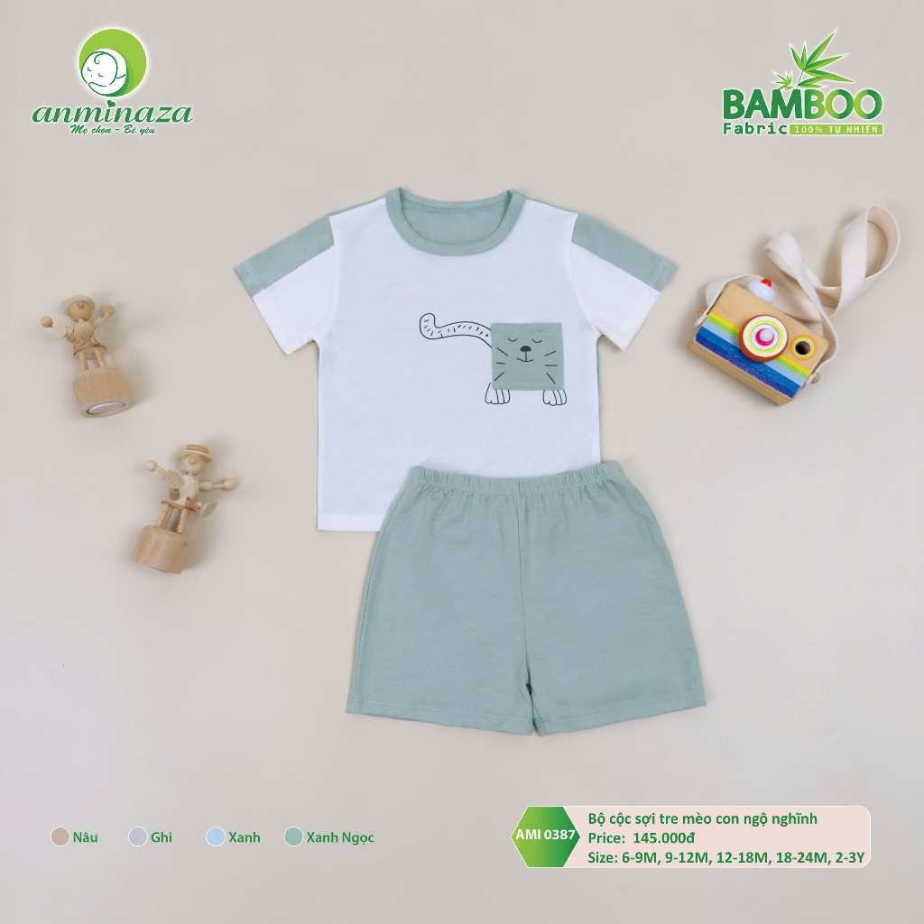 Bộ Cộc Bé Trai Mèo Con Nghộ Nghĩnh Anminaza Vải Sợi Tre Petit Mềm Mại Thấm Hút - Hàng Chính Hãng AMI0387