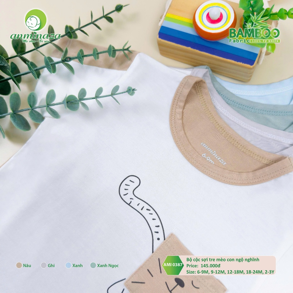 Bộ Cộc Bé Trai Mèo Con Nghộ Nghĩnh Anminaza Vải Sợi Tre Petit Mềm Mại Thấm Hút - Hàng Chính Hãng AMI0387