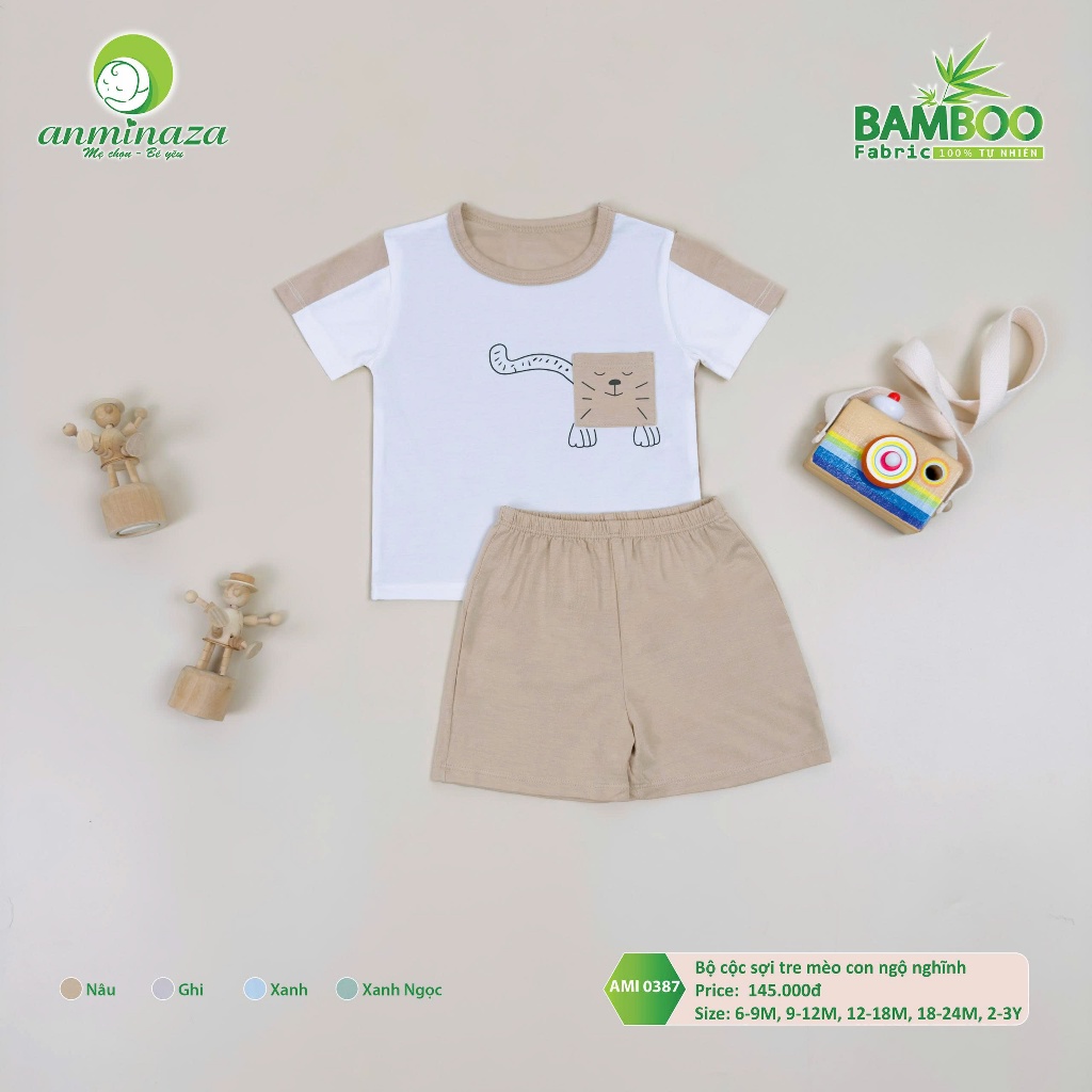 Bộ Cộc Bé Trai Mèo Con Nghộ Nghĩnh Anminaza Vải Sợi Tre Petit Mềm Mại Thấm Hút - Hàng Chính Hãng AMI0387