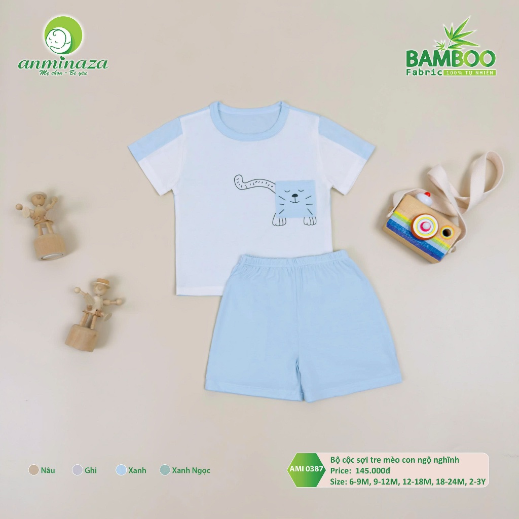 Bộ Cộc Bé Trai Mèo Con Nghộ Nghĩnh Anminaza Vải Sợi Tre Petit Mềm Mại Thấm Hút - Hàng Chính Hãng AMI0387