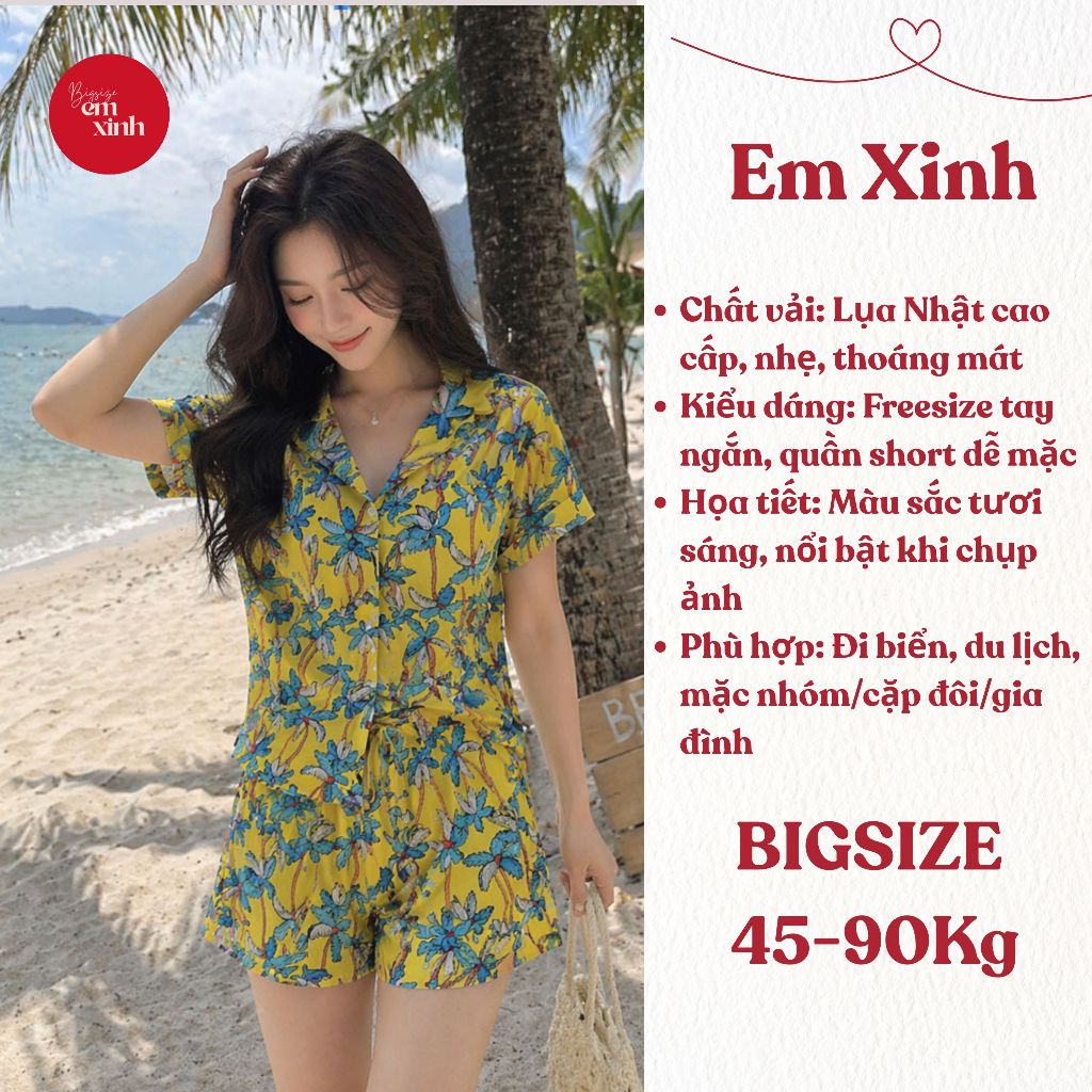 Set bộ đi biển hoạ tiết hoa lá chất vải lụa nhật size 45-90kg PJ011