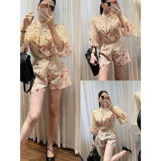 MIMI CLOTHING -Set áo hoa cổ cao viền ren tay phồng phối quần short