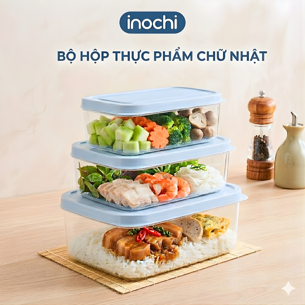 Bộ 3 hộp thực phẩm chữ nhật Inochi - Hokkaido (Bộ 500/1000/2000ml và bộ 750/1500/2500ml, nhiều màu)