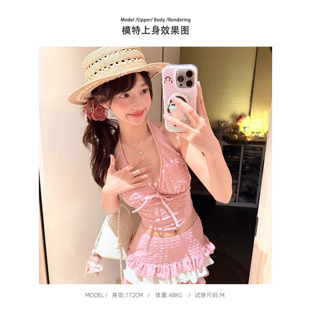 Bikini Nữ Hồng Ngọt Ngào – Đồ Bơi 2 Mảnh Cổ Yếm Che Bụng, Váy Bèo Tầng Dáng Xòe, Đi Biển Tắm Suối Nước Nóng