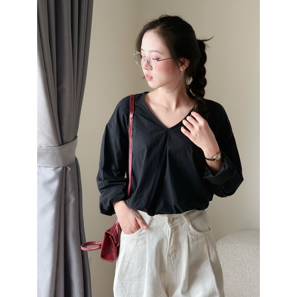 Áo sơ mi cổ V dáng rộng, ly ngực dáng đuôi tôm Miha Studio
