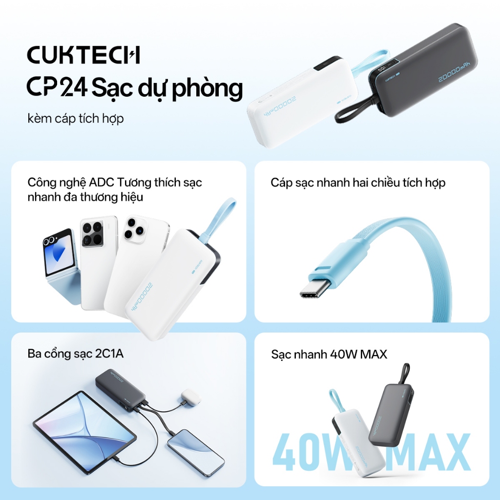 【Được chứng nhận CCC】CUKTECH Pin Dự Phòng 20000mAh Sạc Nhanh 40W – Tích Hợp Dây, Hỗ Trợ iP 38W / Xiaomi 33W —— CP24 Powe | BigBuy360 - bigbuy360.vn