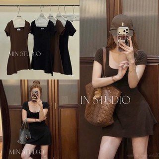 Váy Thun Zip Nữ Cổ Vuông NgắnTay Thân Ôm Xòe Gấu Đầm Nữ Dáng Ngắn TRơn Basic