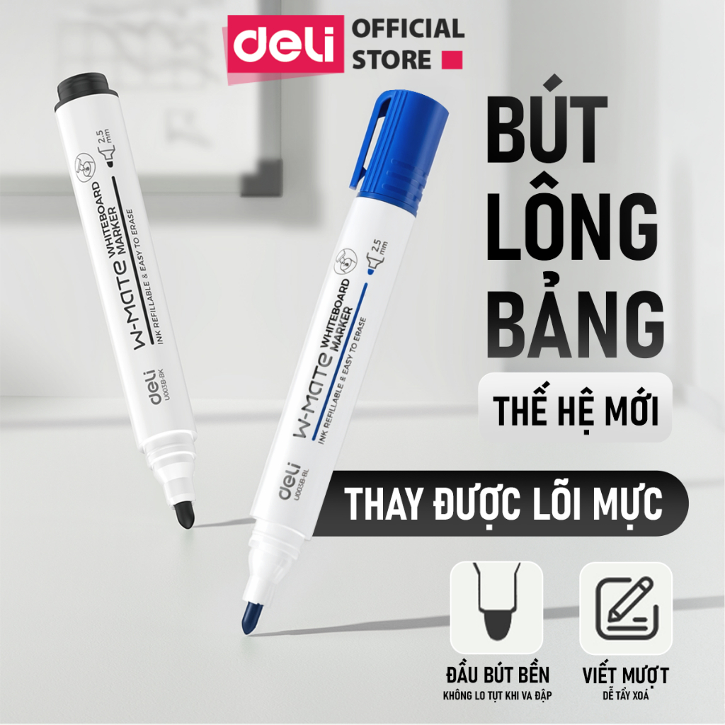 Combo 3/6/12 Bút lông bảng Deli mực Xanh Đen Đỏ có thể bơm mực bút viết bảng trắng dễ dàng xóa sạch