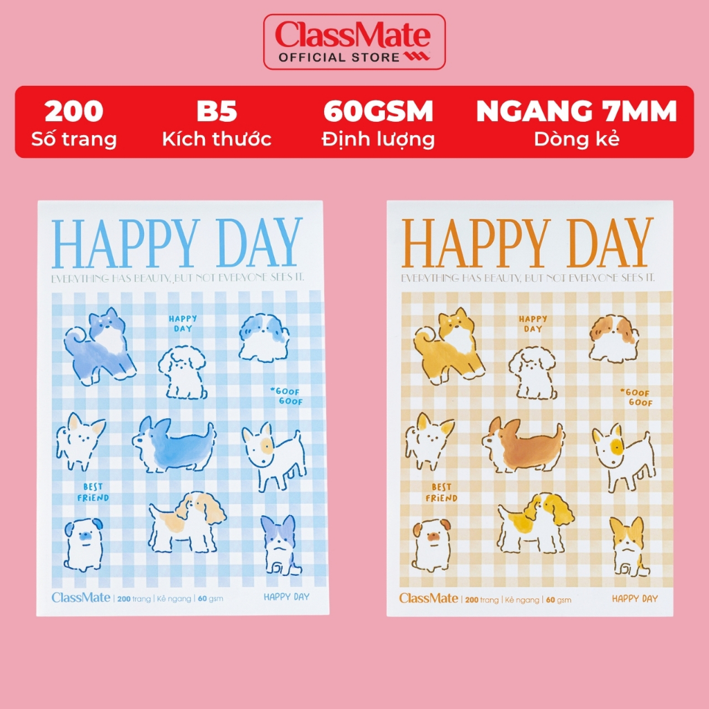Vở Kẻ Ngang 200 Trang Classmate Quyển Vở B5, 60gsm Bìa Happy Day Chống Nước Tập Sinh Viên Ghi Chép NB5-20-0332
