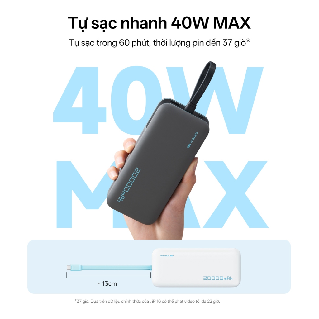 【Được chứng nhận CCC】CUKTECH Pin Dự Phòng 20000mAh Sạc Nhanh 40W – Tích Hợp Dây, Hỗ Trợ iP 38W / Xiaomi 33W —— CP24 Powe | BigBuy360 - bigbuy360.vn