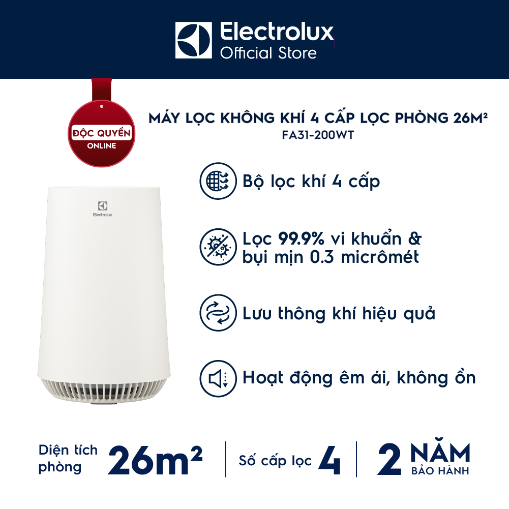 [MUA 2 GIẢM 50%] Máy lọc không khí 26m² Electrolux FA31-200WT-4 lớp lọc bụi mịn và khử mùi, yên tĩnh