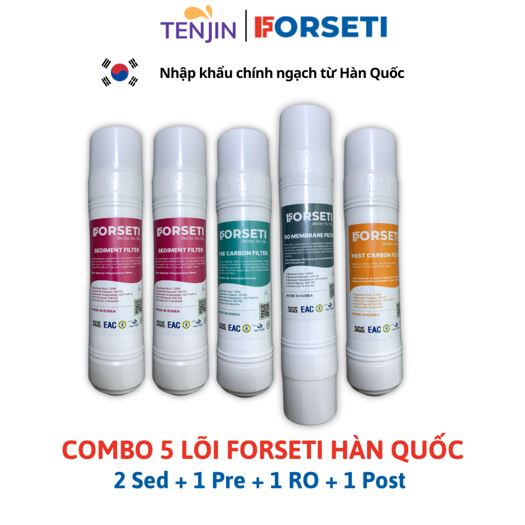 Combo 5 Lõi Lọc FORSETI Gồm 2 Sediment + 1 Pre Carbon + 1 RO Membrane + 1 Post Carbon Model WPK-812, WPK-816, WPK-838..
