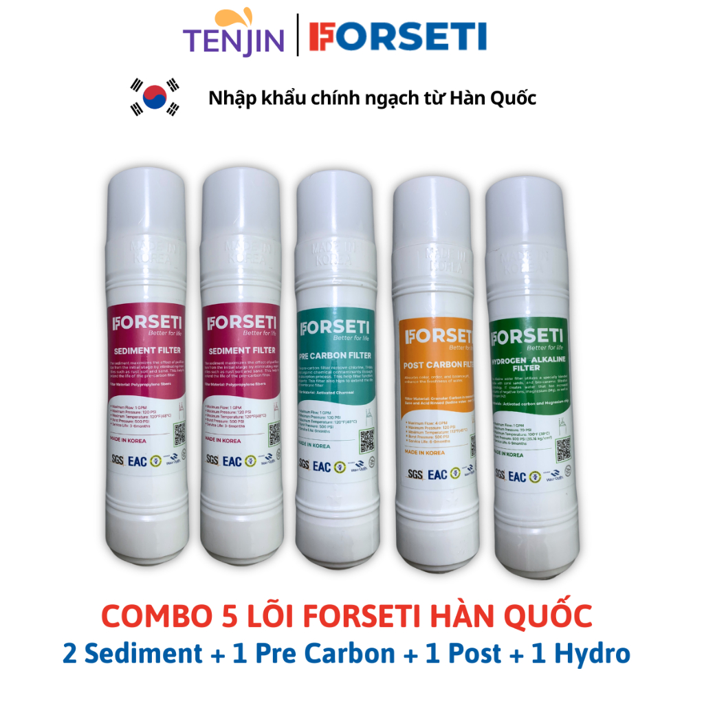 Combo 6 Lõi Lọc FORSETI Hàn Quốc Gồm 2 Sediment + 1 Pre Carbon + 1 RO Membrane + 1 Post Carbon + 1 Hydrogen Alkaline