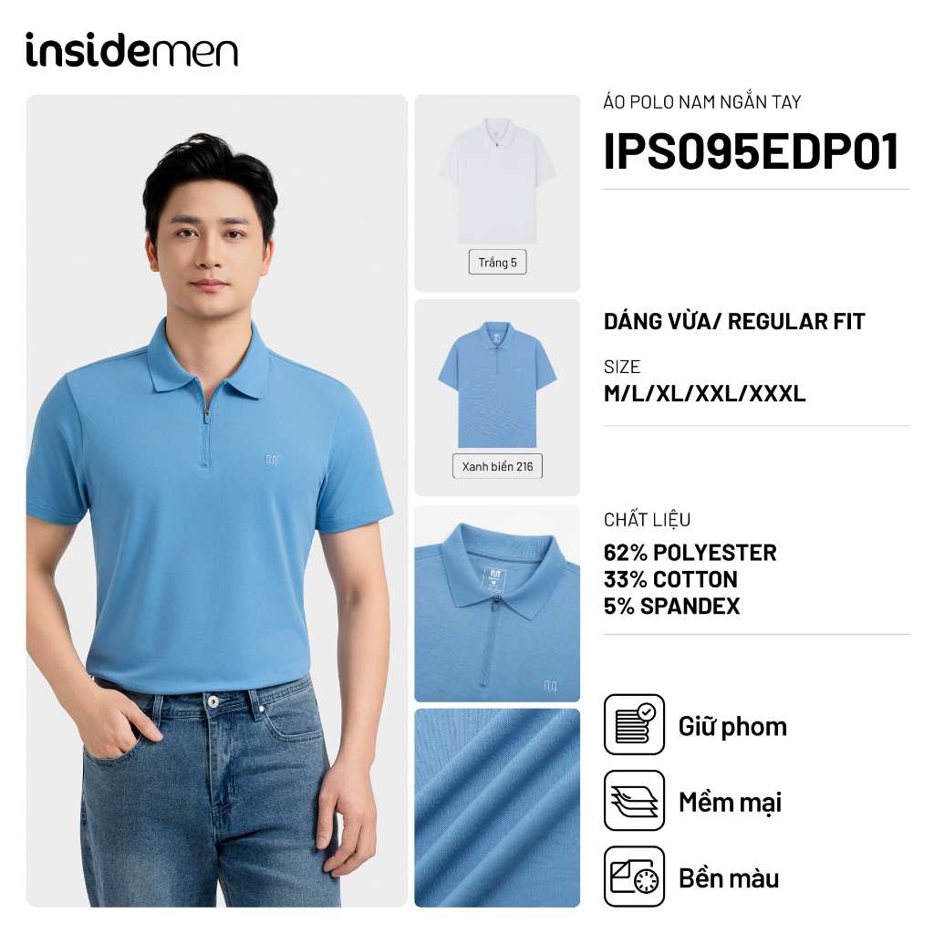 Áo Polo Nam Insidemen Cotton Thoáng Khí Cổ Dệt Kéo Khóa Regular Fit IPS095EDP01