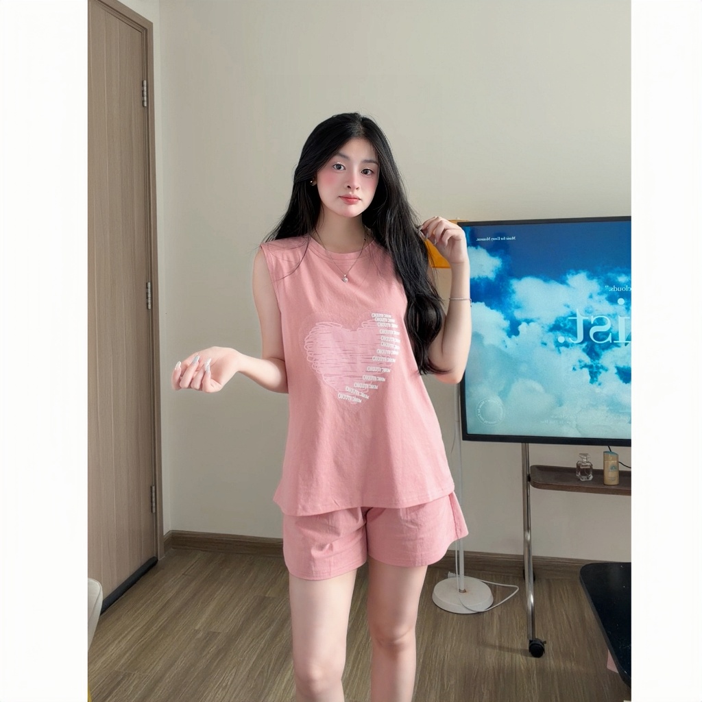 Set Đồ Bộ Nữ Mặc Nhà Tanktop Sát Nách Quần Cộc In Hình Họa Tiết Dễ Thương Chất Cotton CS019