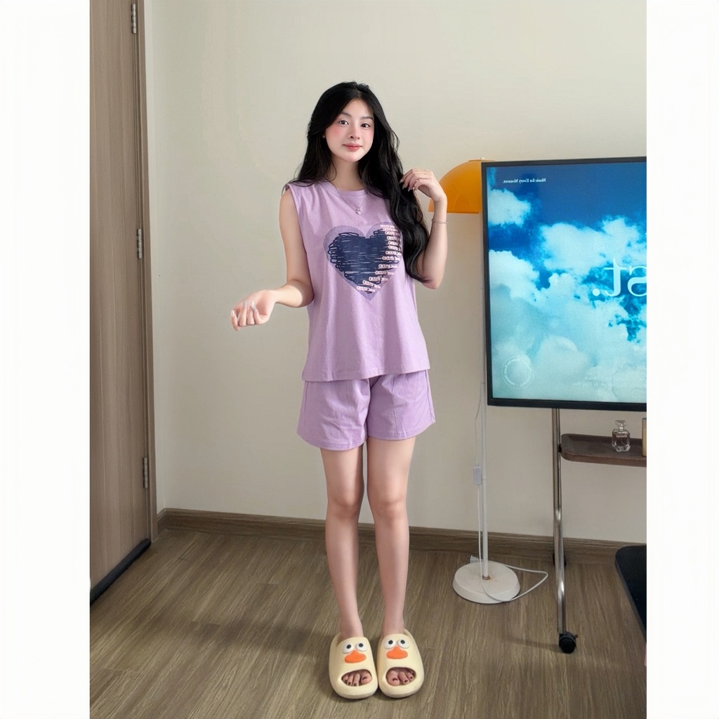 Set Đồ Bộ Nữ Mặc Nhà Tanktop Sát Nách Quần Cộc In Hình Họa Tiết Dễ Thương Chất Cotton CS019