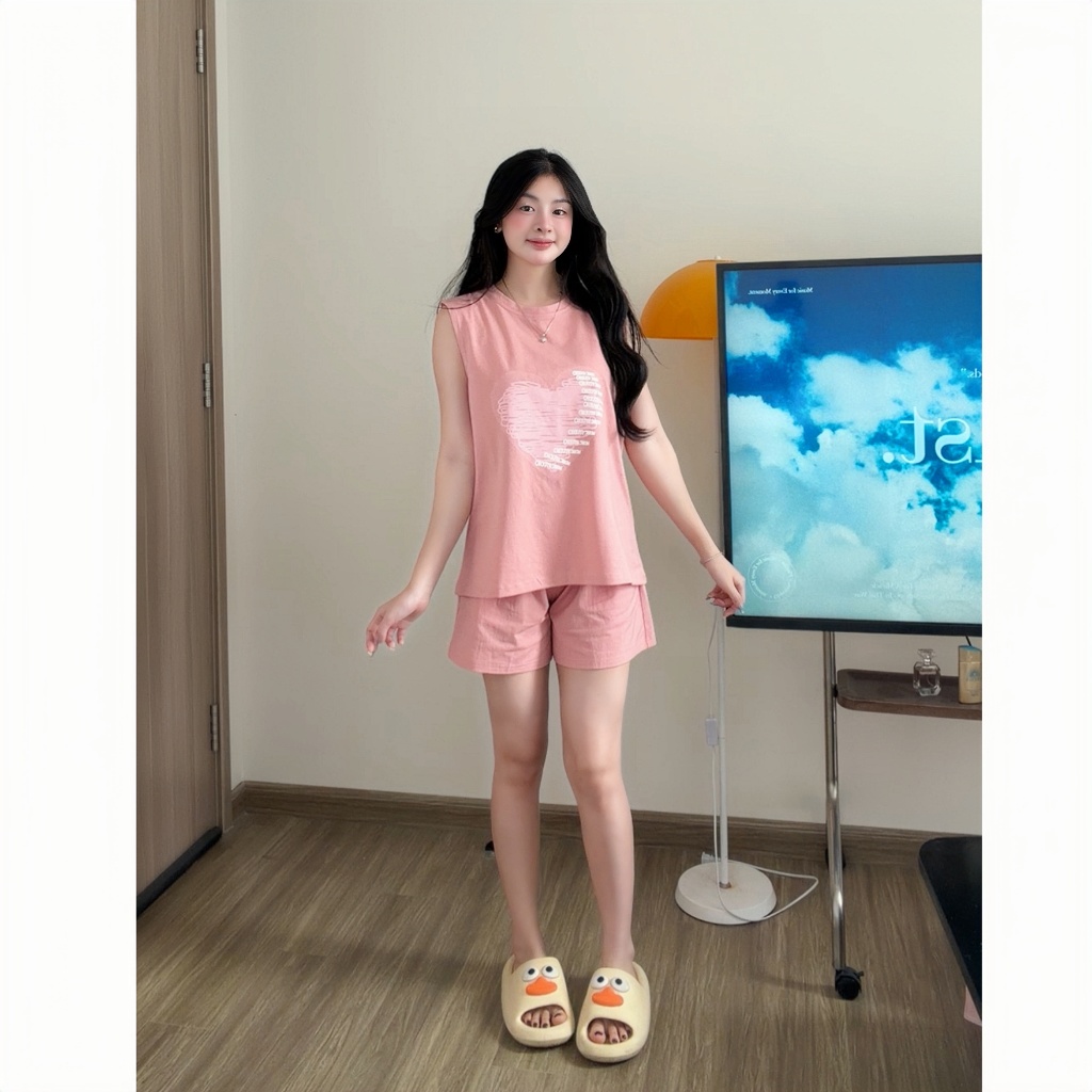 Set Đồ Bộ Nữ Mặc Nhà Tanktop Sát Nách Quần Cộc In Hình Họa Tiết Dễ Thương Chất Cotton CS019