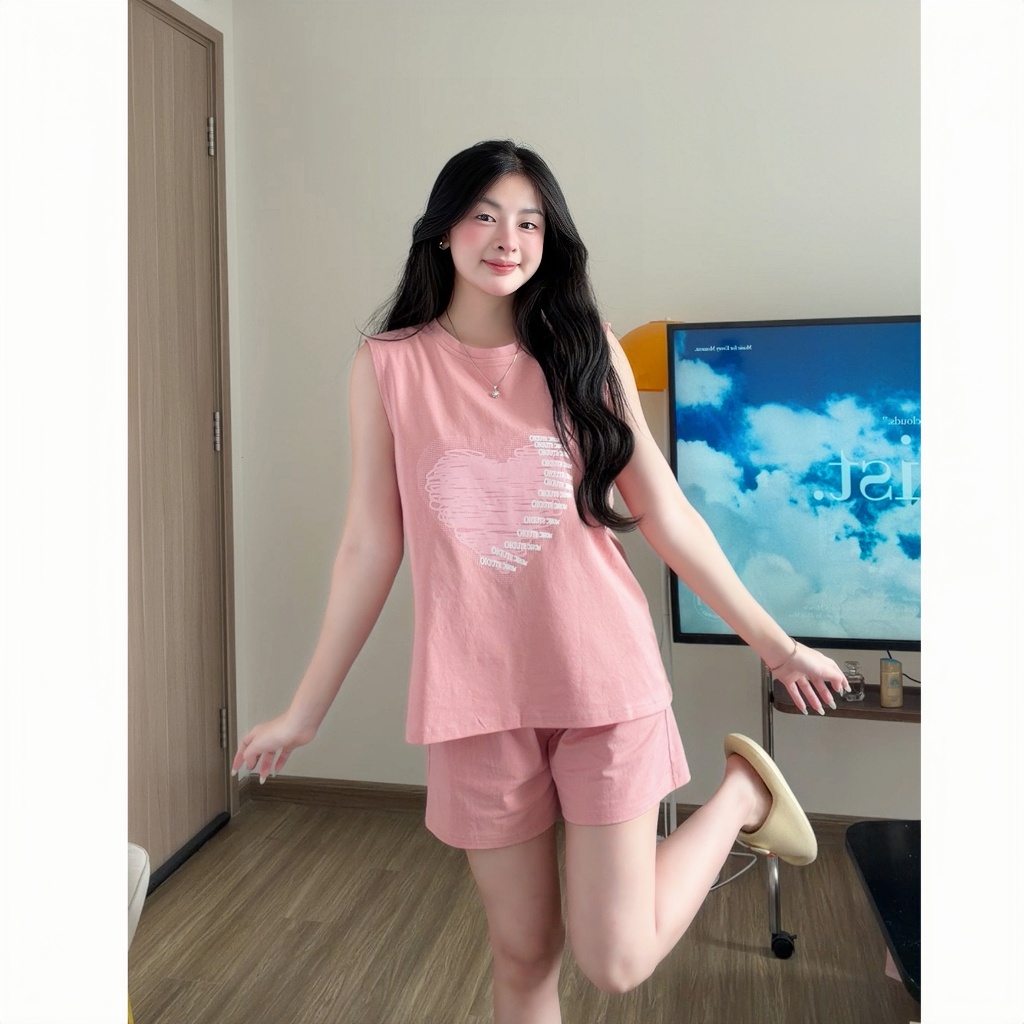 Set Đồ Bộ Nữ Mặc Nhà Tanktop Sát Nách Quần Cộc In Hình Họa Tiết Dễ Thương Chất Cotton CS019