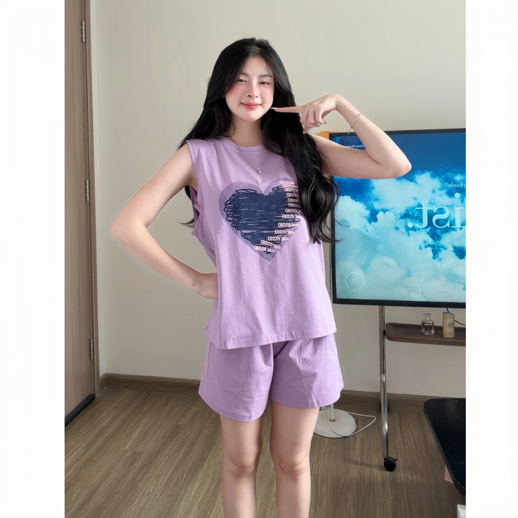 Set Đồ Bộ Nữ Mặc Nhà Tanktop Sát Nách Quần Cộc In Hình Họa Tiết Dễ Thương Chất Cotton CS019