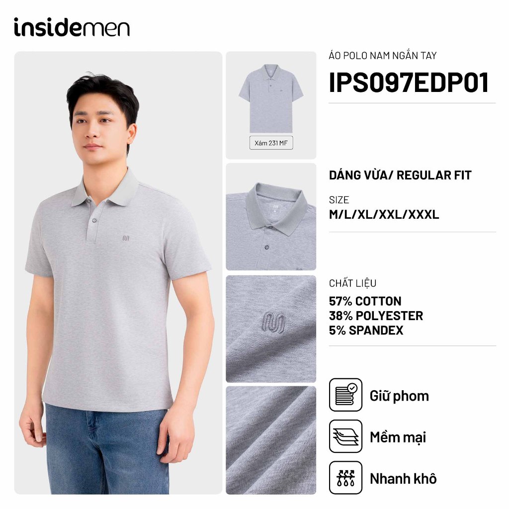 Áo Polo Nam Xám Insidemen Regular Fit Polyester Spandex Thoáng Khí IPS097EDP01