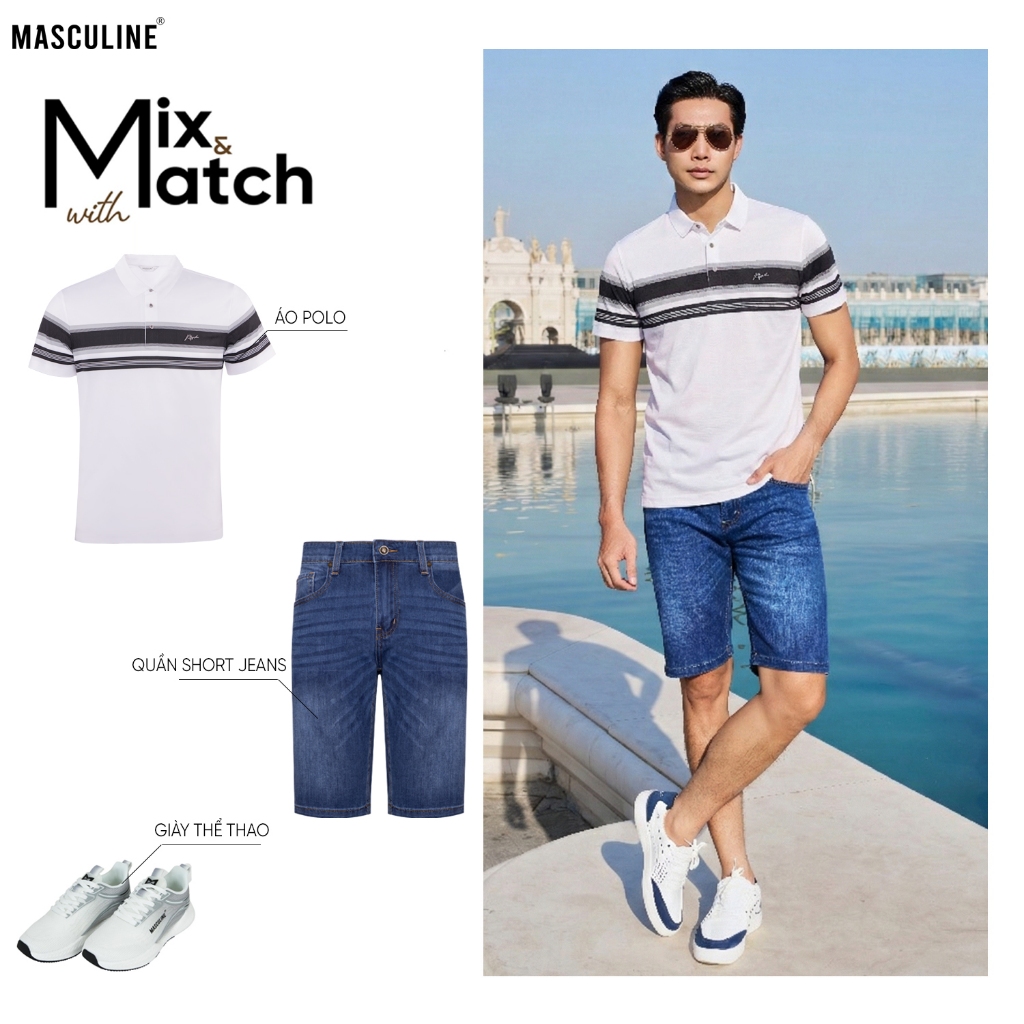Áo polo nam MASCULINE APL616 - Cổ bẻ phối sọc ngang ngực phom regular fit thành phần sợi tơ tằm mềm mịn