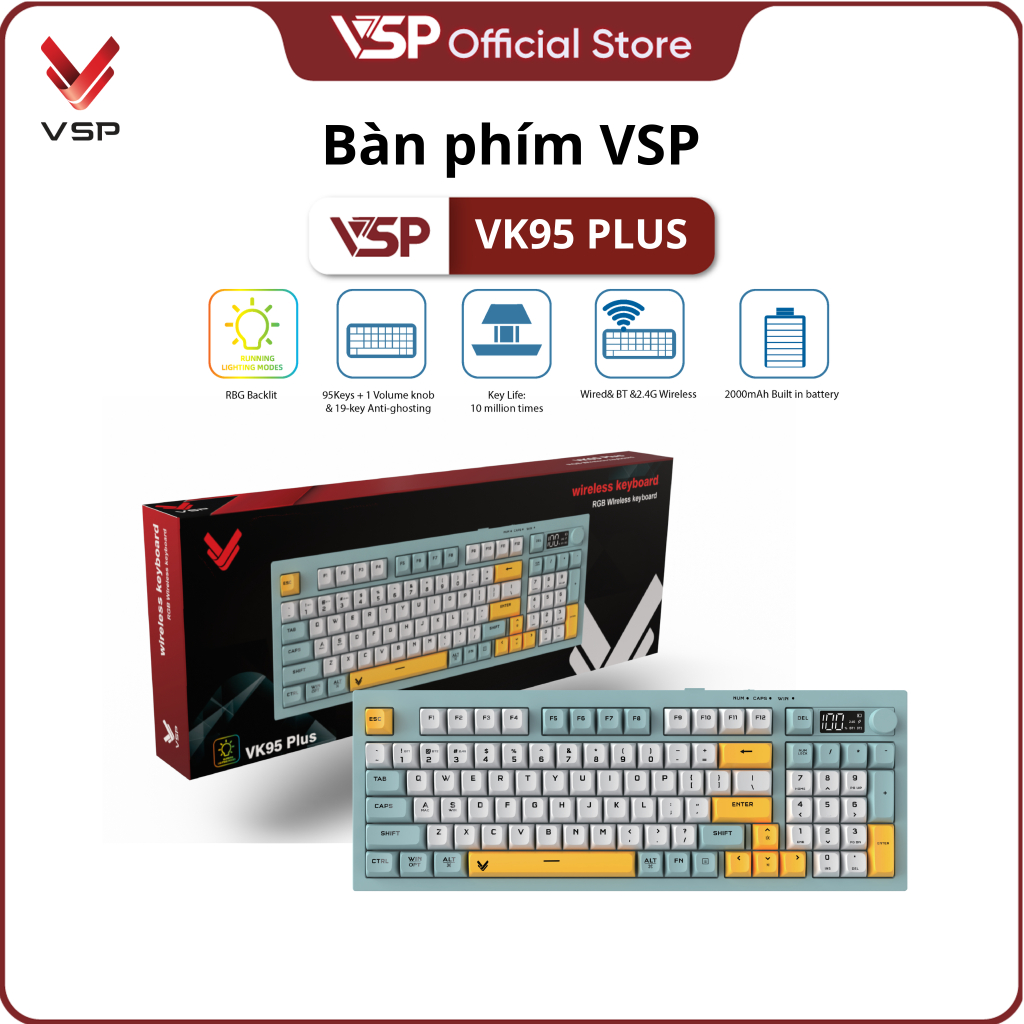 Bàn phím không dây VSP VK95 Plus SilentKey Layout 95 phím 1 núm điều ...