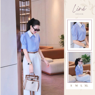 Áo sơ mi nữ ngắn tay cổ nhọn, áo sơ mi kẻ xanh công sở, mã SM03