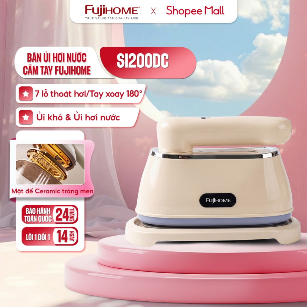 Bàn ủi hơi nước cầm tay gấp gọn Fujihome SI200DC Nhập khẩu, bàn là khô và hơi công suất 1200W mặt đế Ceramic tráng men
