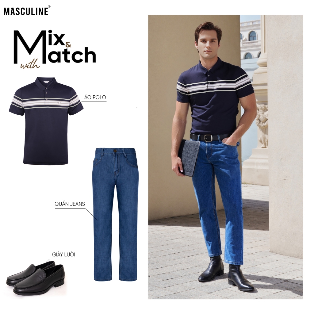 Áo polo nam cao cấp MASCULINE APL612 - Phom regular fit áo cổ bẻ phối phối sọc ngang màu xanh đen