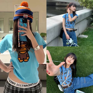 Áo thun baby tee màu xanh biển hoạ tiết những chú cún khỉ chất co giãn ABBT029 - Tiktik