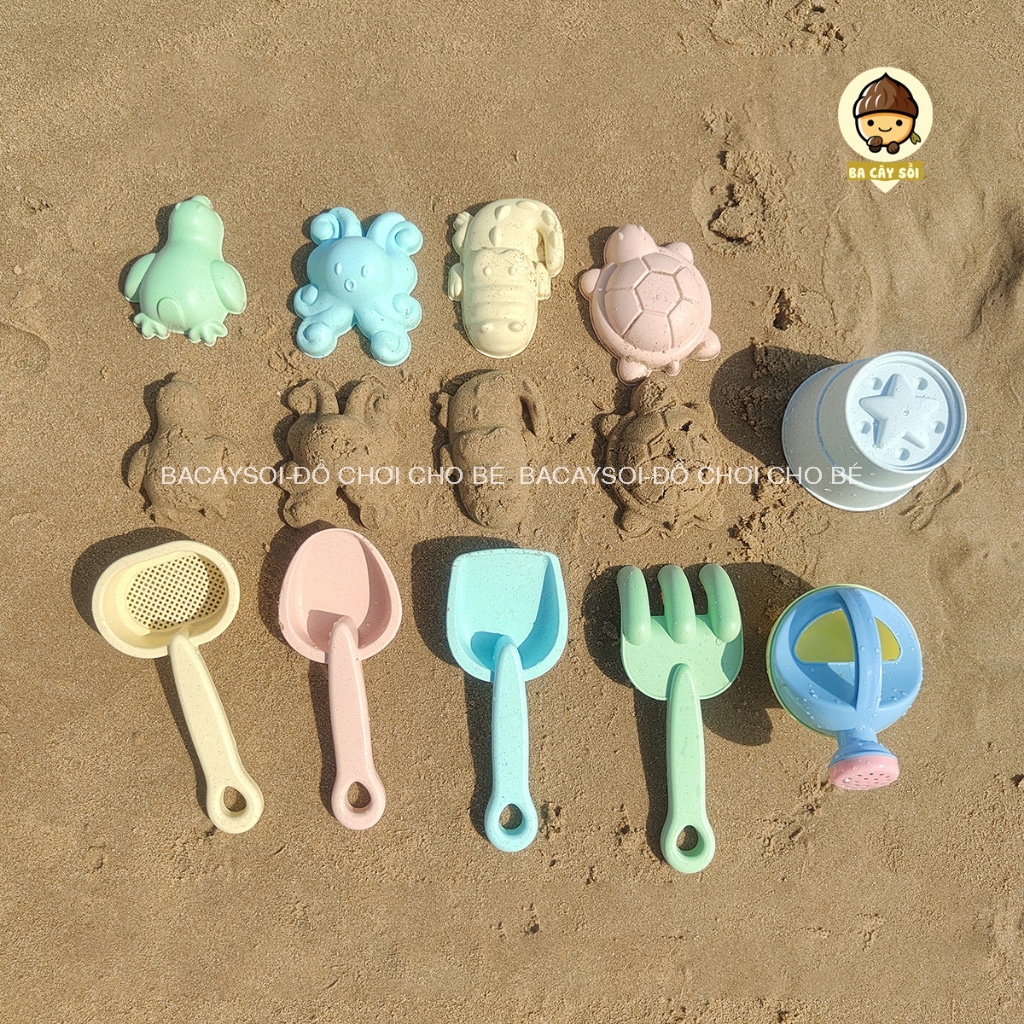 Bộ đồ chơi xúc cát đi biển 11 món cho bé, kèm khuôn, xô gấp gọn, đồ chơi đi biển cho bé trai, bé gái