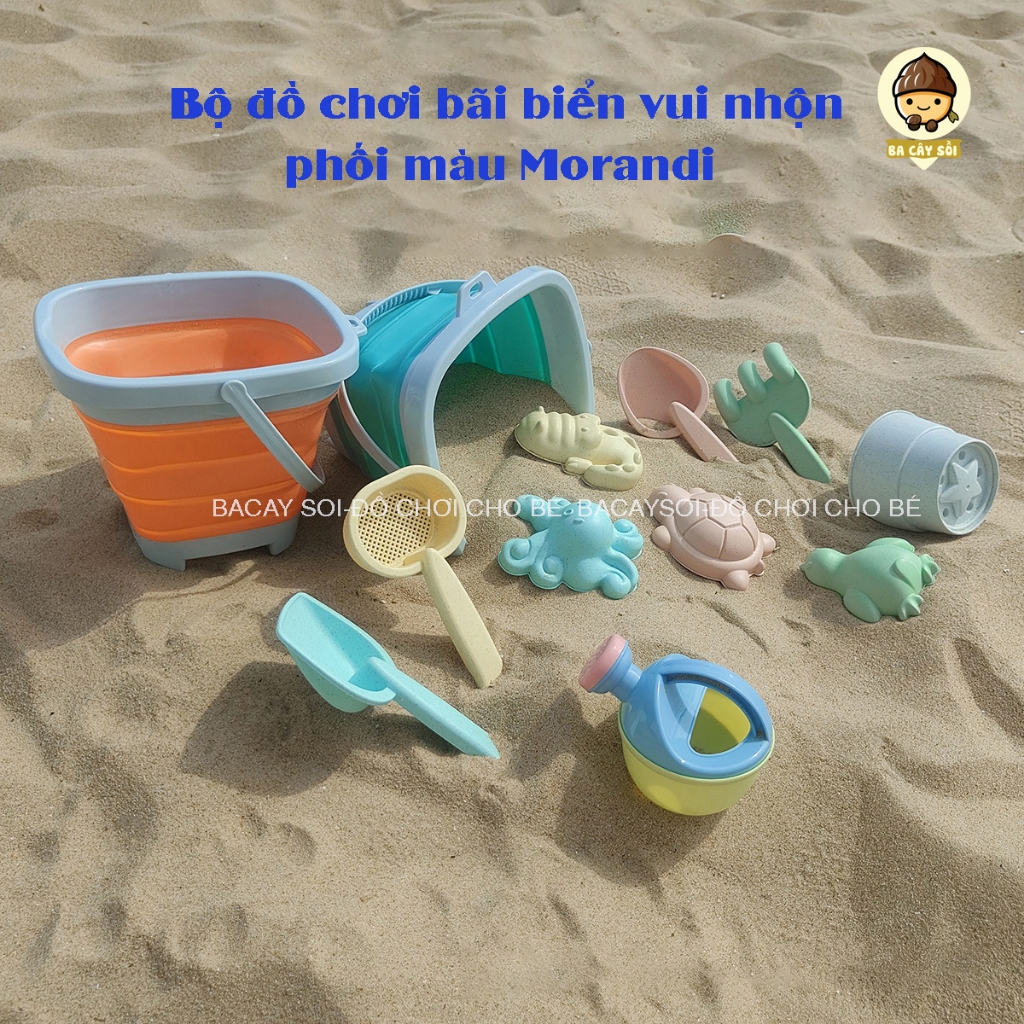Bộ đồ chơi xúc cát đi biển 11 món cho bé, kèm khuôn, xô gấp gọn, đồ chơi đi biển cho bé trai, bé gái