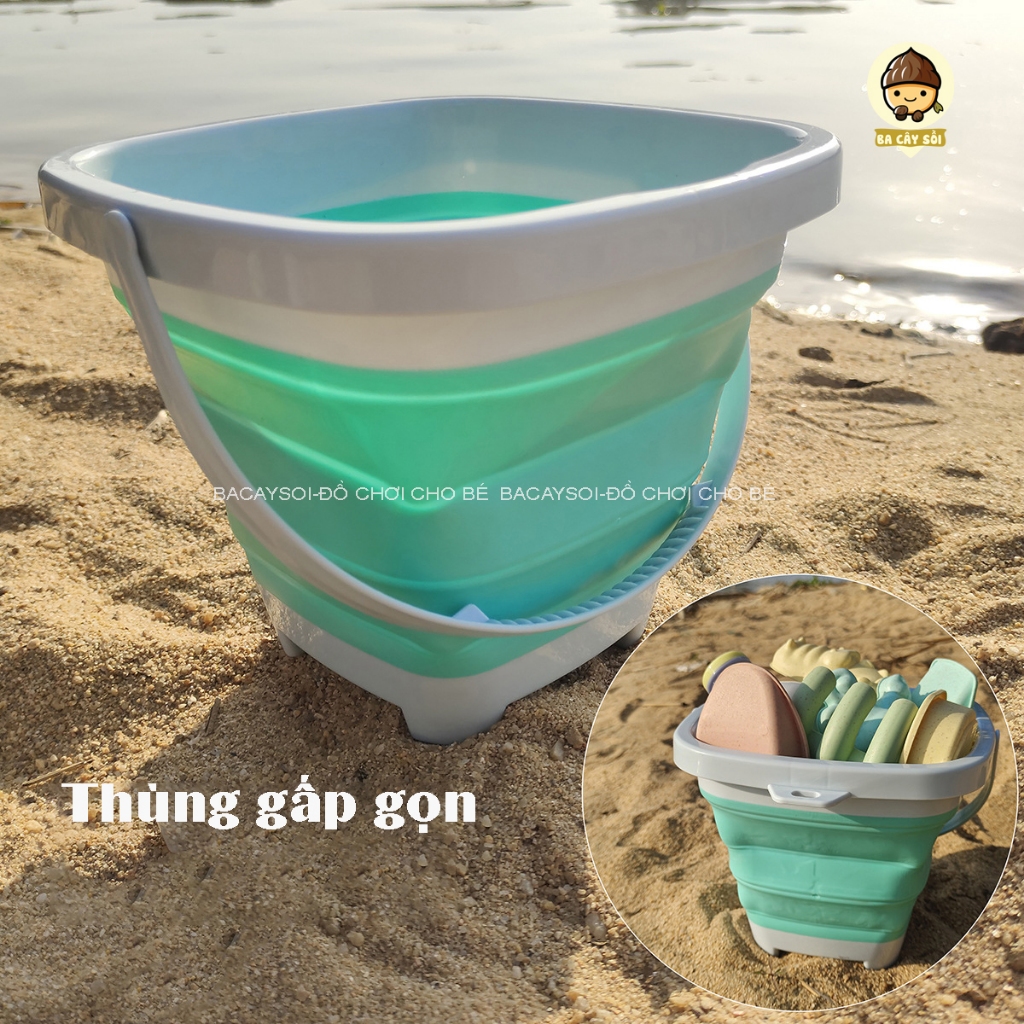 Bộ đồ chơi xúc cát đi biển 11 món cho bé, kèm khuôn, xô gấp gọn, đồ chơi đi biển cho bé trai, bé gái