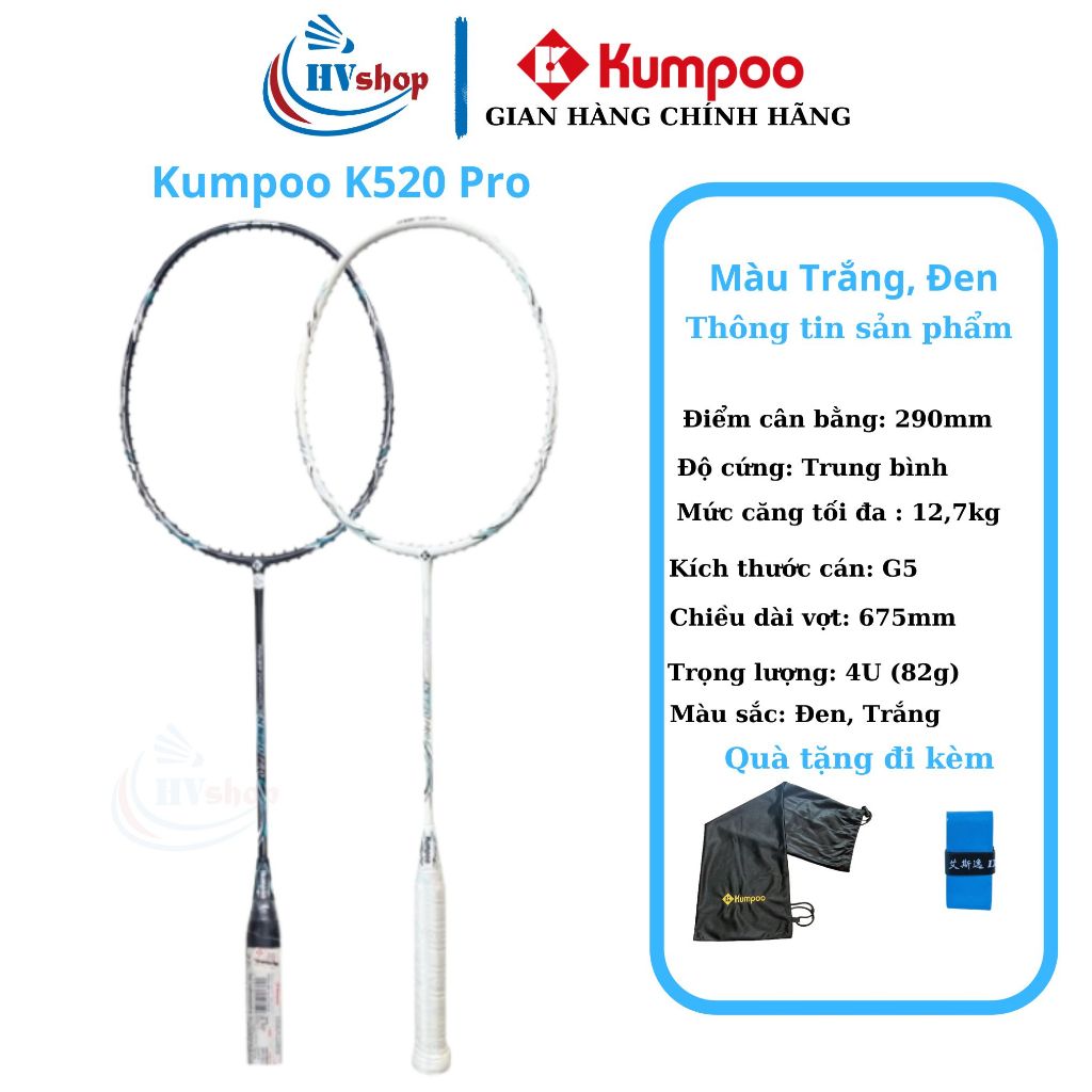 Vợt cầu lông Kumpoo K520 Pro chính hãng, KHUNG CHƯA CĂNG, kèm quà tặng 200k - HVShop