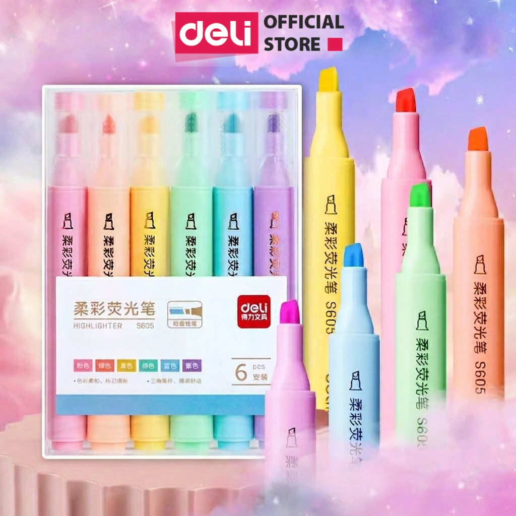 Set 6 Bút Dạ Quang Deli Pastel Retro Đầu Vát Thân Tam Giác Rửa Được Dùng Đánh Dấu Take Note Ghi Nhớ Trang Trí Xinh Xắn