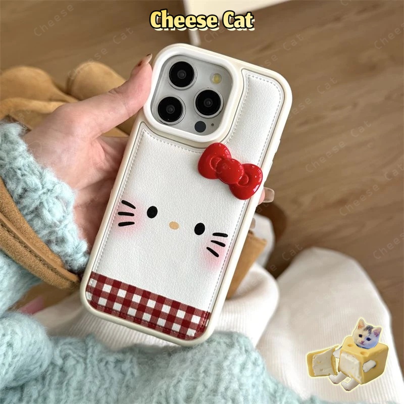 Ốp lưng iPhone Kitty hình mèo KT nơ kẻ sọc 3D cho iPhone 17 16 15 14 13 12 11 Pro Max 7 Plus Xs Max XR Bao da