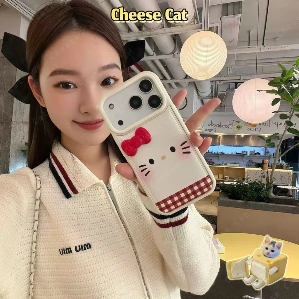 Ốp lưng iPhone Kitty hình mèo KT nơ kẻ sọc 3D cho iPhone 17 16 15 14 13 12 11 Pro Max 7 Plus Xs Max XR Bao da