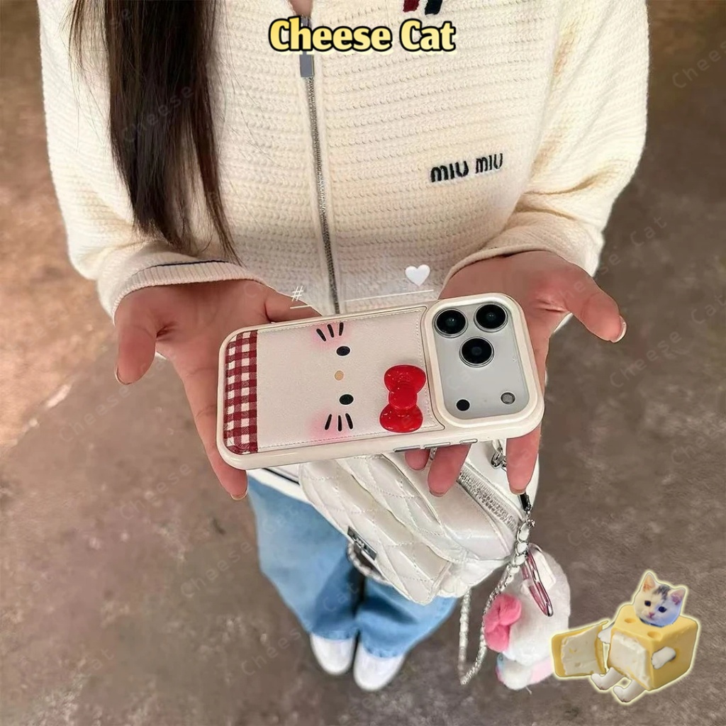 Ốp lưng iPhone Kitty hình mèo KT nơ kẻ sọc 3D cho iPhone 17 16 15 14 13 12 11 Pro Max 7 Plus Xs Max XR Bao da