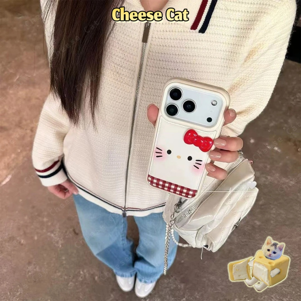 Ốp lưng iPhone Kitty hình mèo KT nơ kẻ sọc 3D cho iPhone 17 16 15 14 13 12 11 Pro Max 7 Plus Xs Max XR Bao da