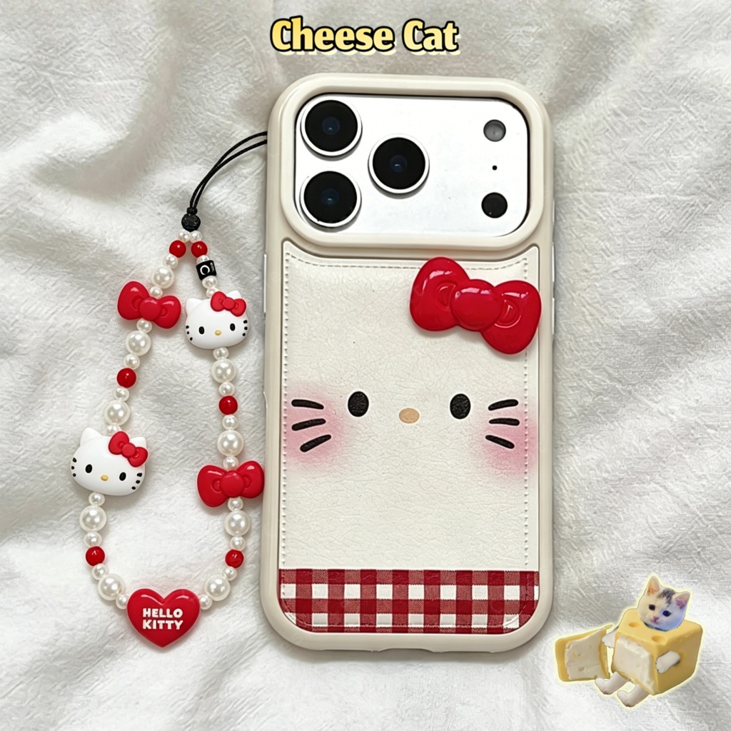 Ốp lưng iPhone Kitty hình mèo KT nơ kẻ sọc 3D cho iPhone 17 16 15 14 13 12 11 Pro Max 7 Plus Xs Max XR Bao da