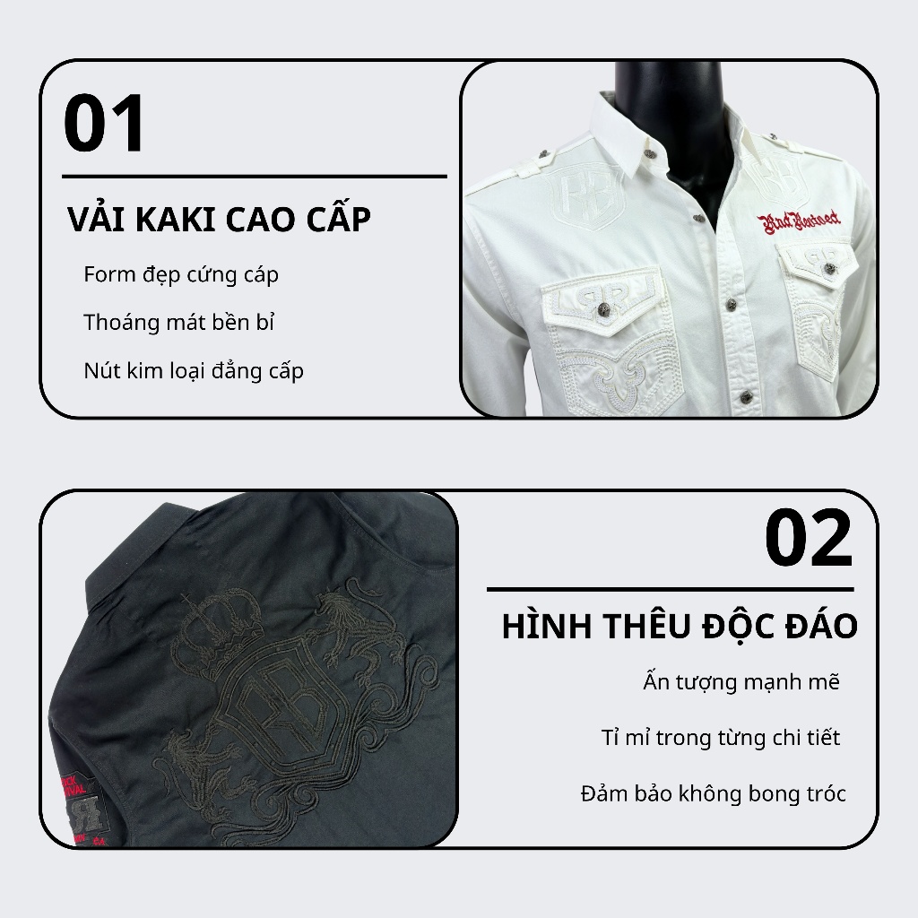 Sơ Mi Rock Classic Cao Cấp Thêu Họa Tiết Sư Tử Chỉ Ẩn - Vải Kaki Tôn Dáng, Cúc Kim Loại Đẳng Cấp 073