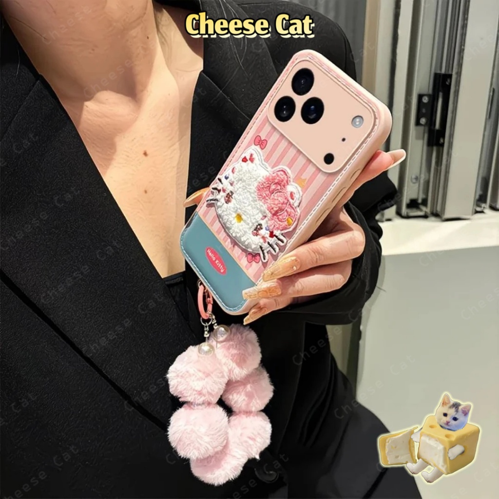 Dopamine Ốp iPhone màu hồng thêu hình Kitty cho iPhone 17 16 15 14 13 12 11 Pro Max 7 Plus Xs Max Vỏ điện thoại bằng da