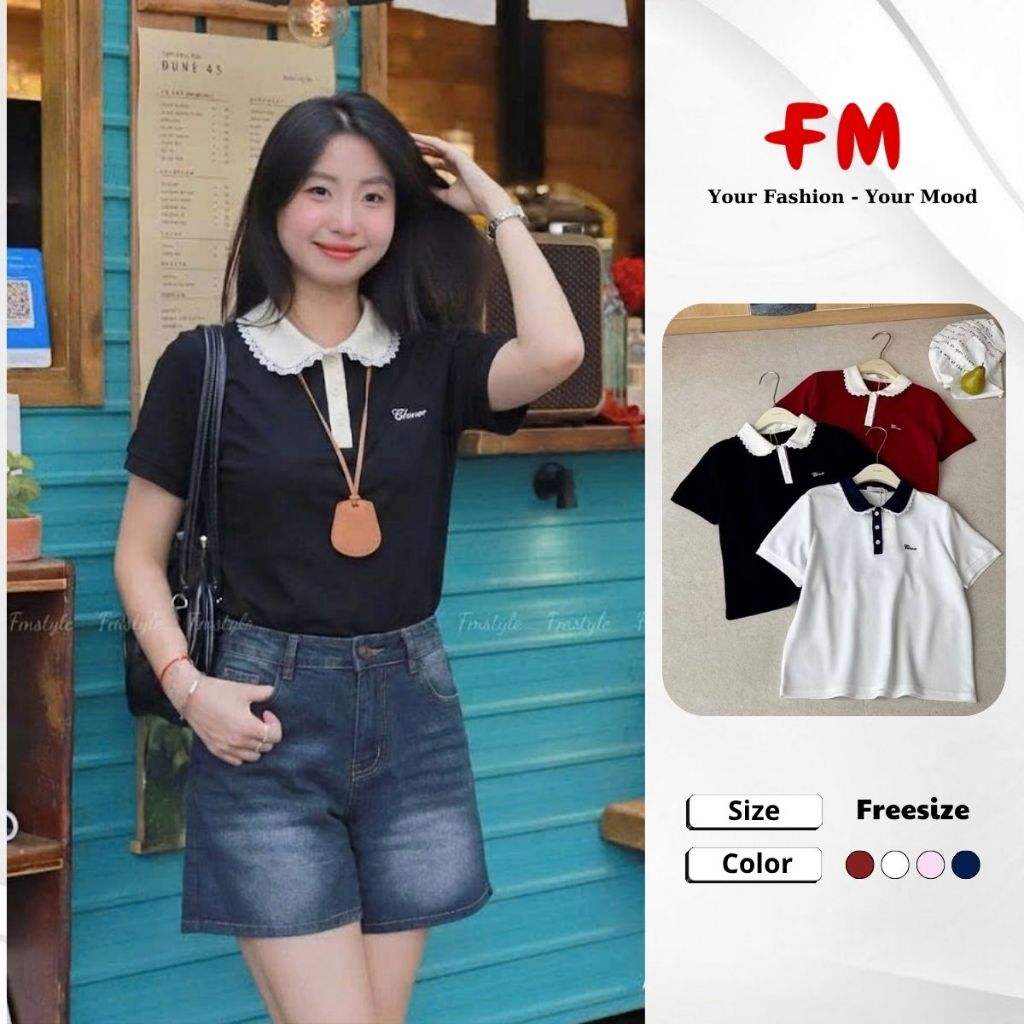 Áo Polo Nữ Oversize FMSTYLE SHOP - Pha Màu Viền Ren Cổ Bẻ 3 Nút Vải Thun Mang Mát 26040291