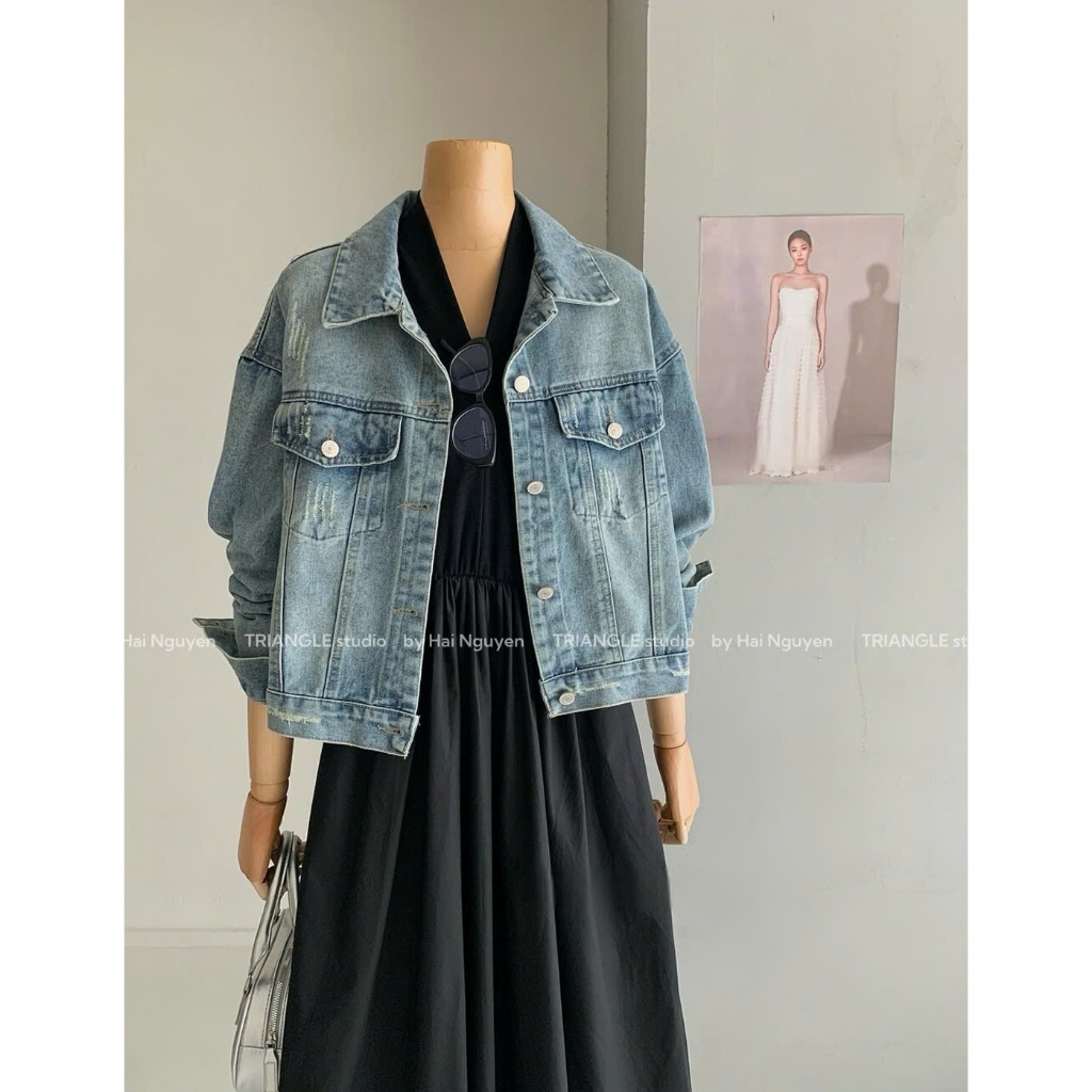TRIANGLE - Denim Jacket (Cân nhắc kỹ, return is not welcomed) Áo khoác denim dáng ngắn style Hàn basic và dễ mặc