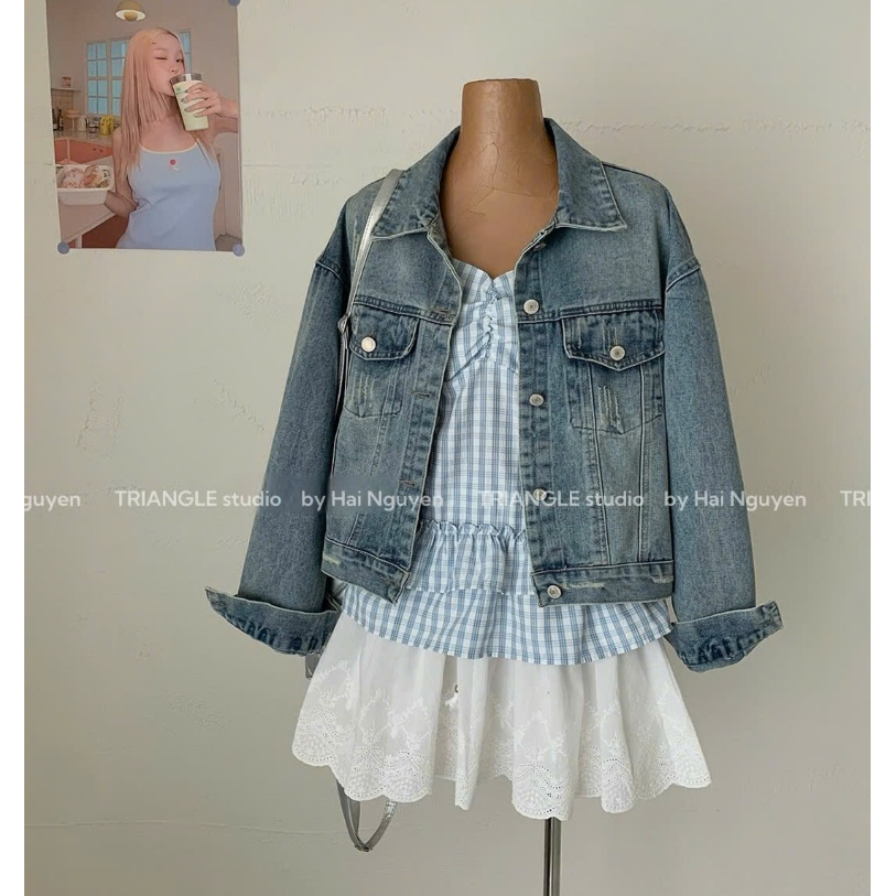TRIANGLE - Denim Jacket (Cân nhắc kỹ, return is not welcomed) Áo khoác denim dáng ngắn style Hàn basic và dễ mặc