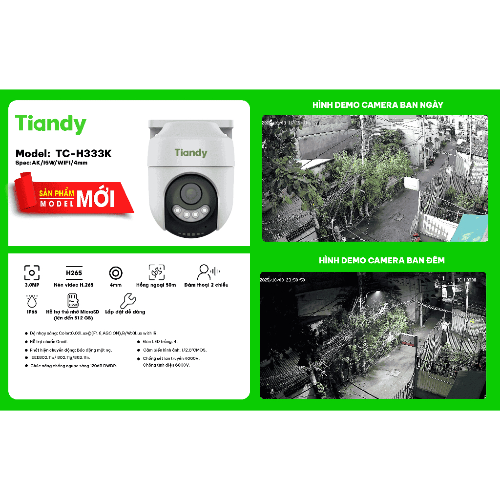 Camera IP WIFI Tiandy trong nhà / ngoài trời TC-H333K 3MP | Xoay 360 độ | Đàm thoại | Chính hãng bảo hành 3 năm