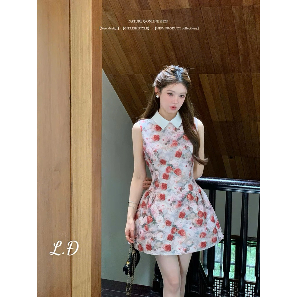 Đầm hoa cổ sơ mi dáng ngắn vừa xoè A nhẹ nhàng siêu xinh SM