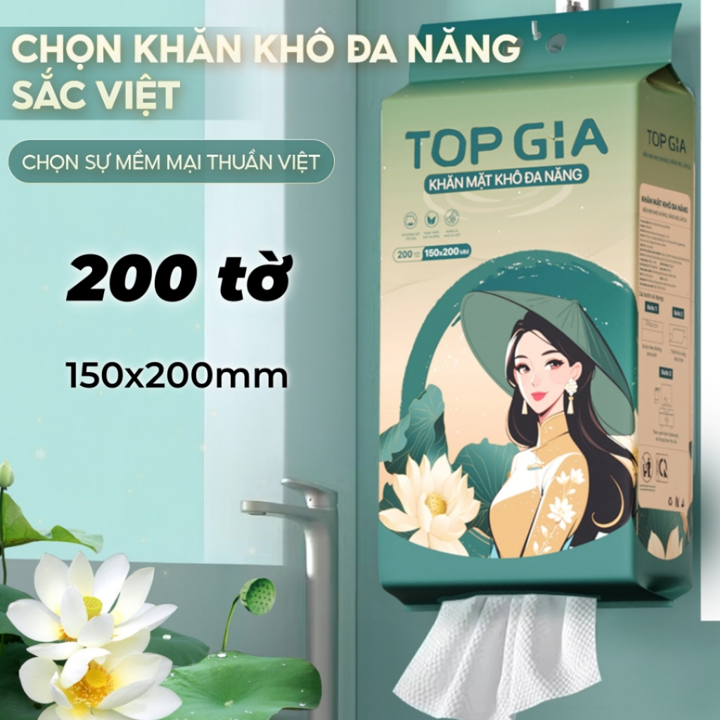 Khăn Mặt Khô Đa Năng Treo Tường TopGia Sắc Việt Thùng 2 Bịch (200 Tờ) – Khăn Rút Dùng 1 Lần, Mềm Mịn, An Toàn Cho Da, Ti