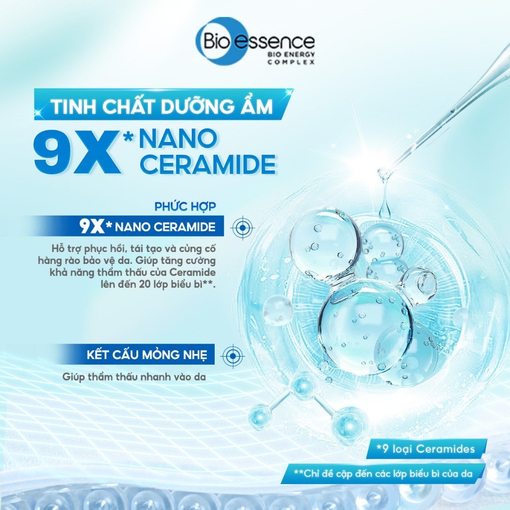 Tinh chất dưỡng ẩm 9X Nano Ceramide Complex Bio-essence 20ml giúp cấp ẩm, tăng cường bảo vệ hàng rào da
