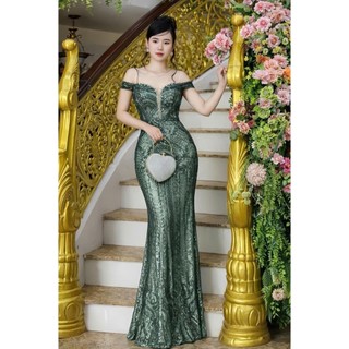 Đầm váy dạ hội đuôi cá kim sa hoa văn, đầm trung niên sang trọng tko